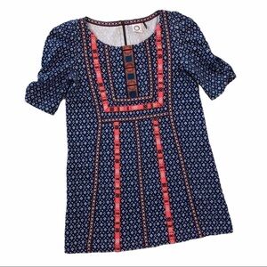 Anthropologie Akemi Kin Seva tunic top blue knit bright orange embroidery XS